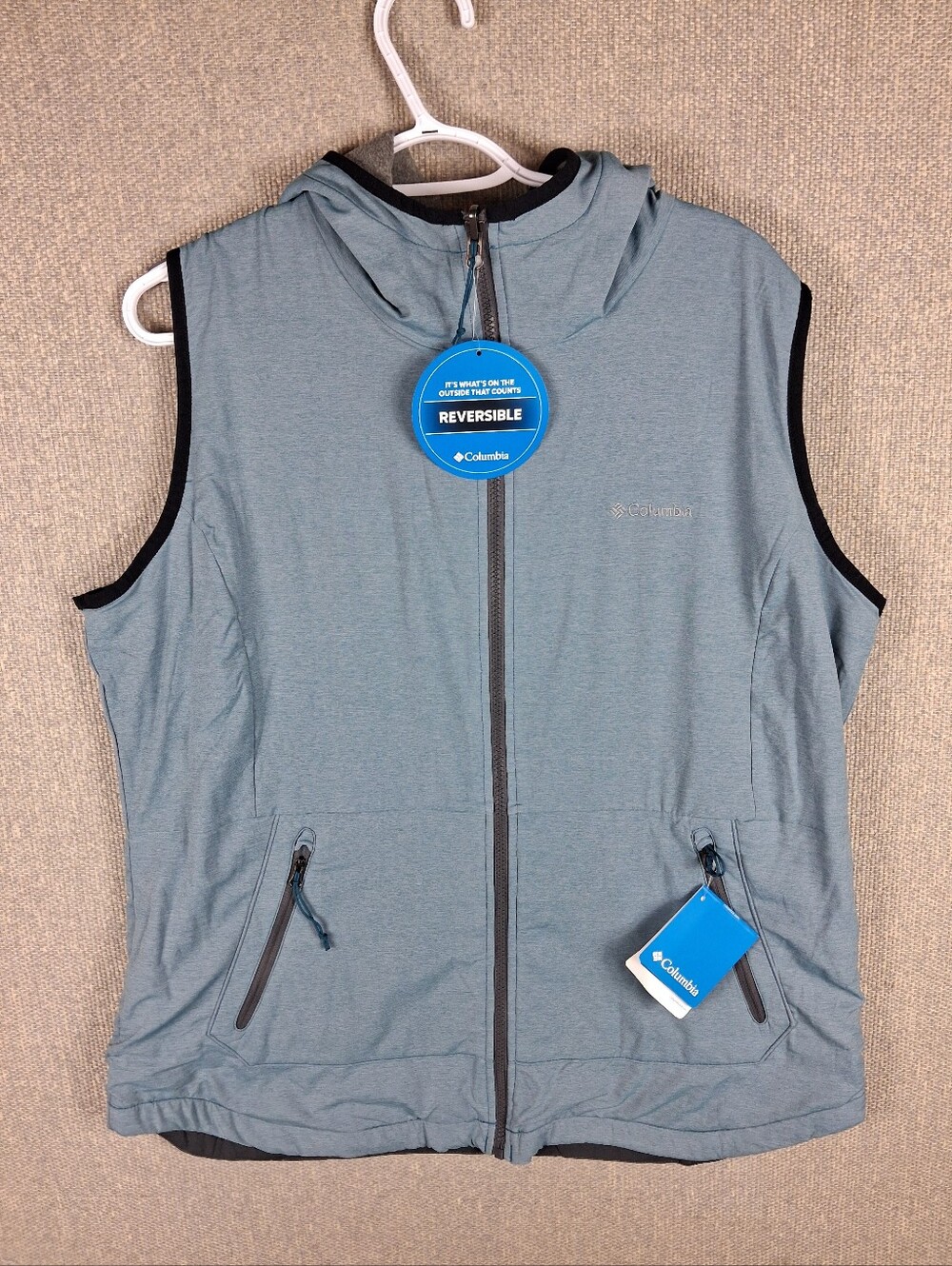 Columbia Bell Trail Vest Womens XL Slate Blue Gray Reversible Hooded Gorpcore